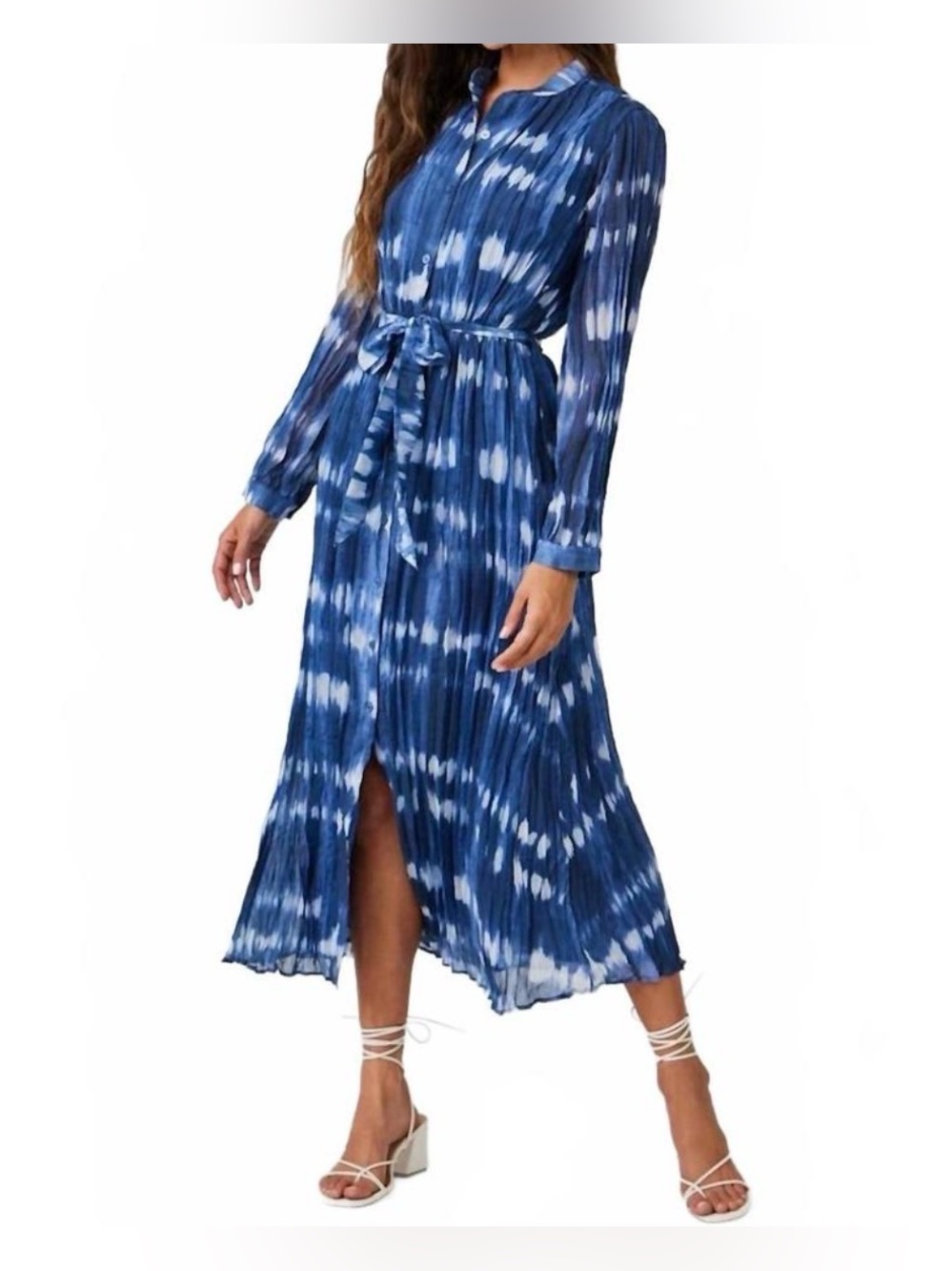 Bella Dahl Long Sleeve Pleated Maxi Dress In Ocean Tides Medium Bkue White